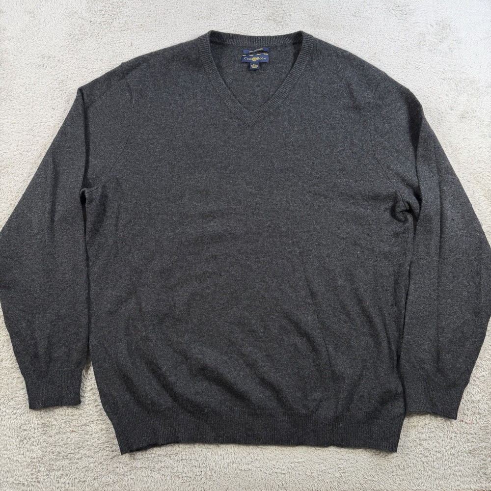 Club Room Sweater Mens XL Grey 100% Cashmere 2-Ply V-Neck Pullover Soft